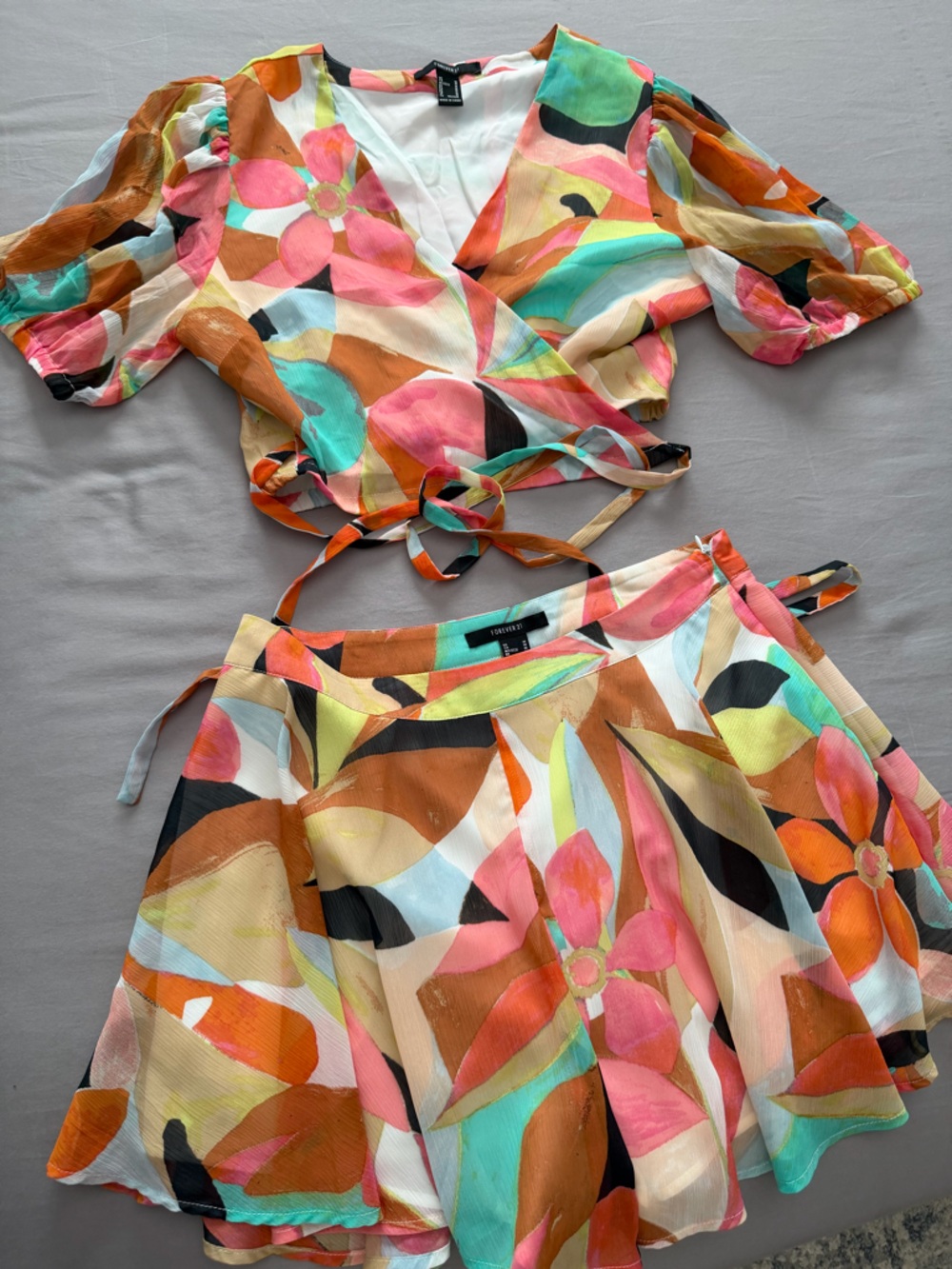 Forever 21 Pink and Teal Floral Wrap Top with Matching Skorts